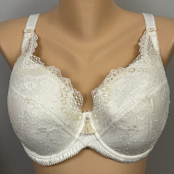 Charnos Bra UK 38E Bailey Plunge Lined Molded 155102 Ivory Underwire Tassel - Picture 1 of 11